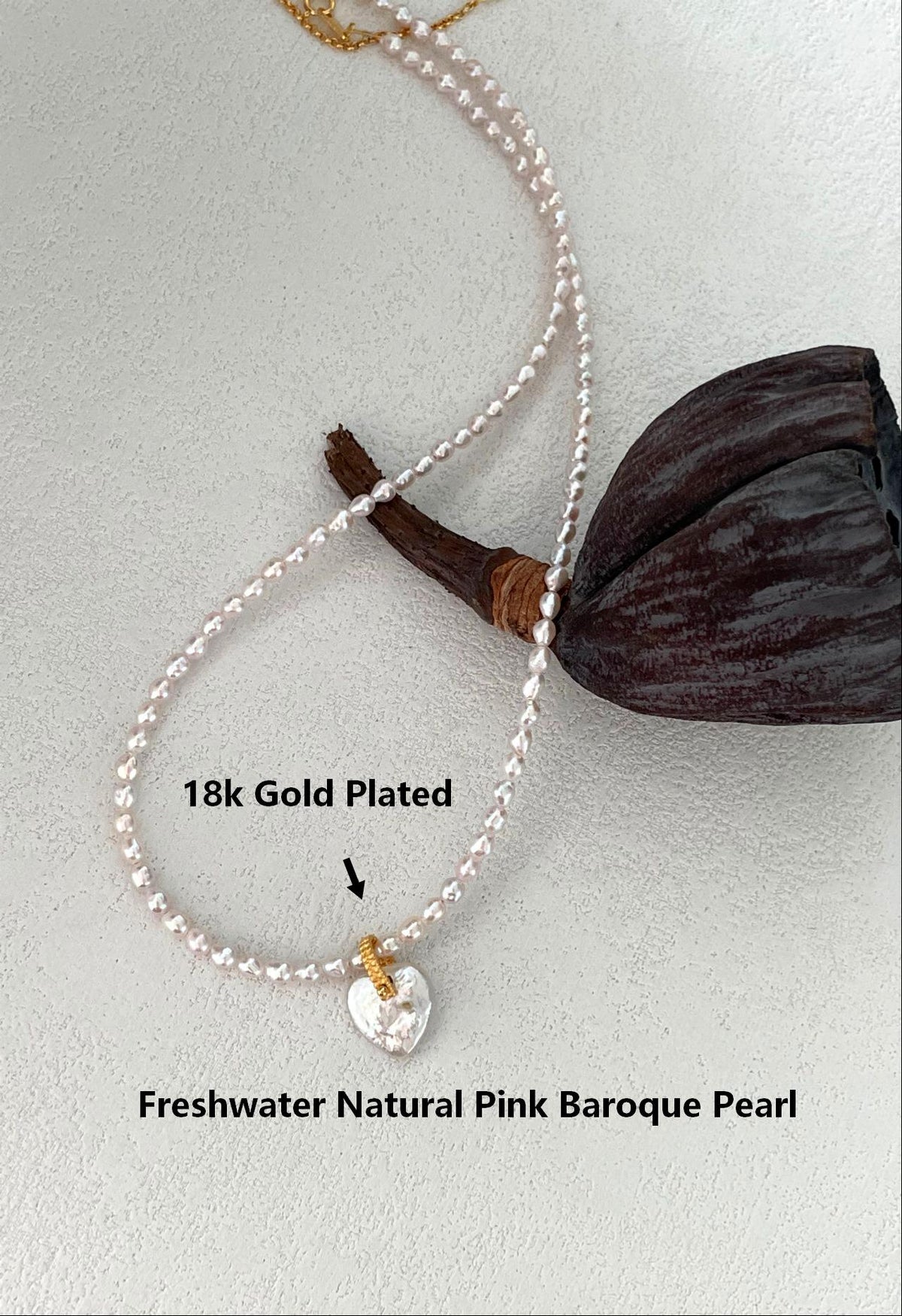 Light pink baroque pearl necklace with heart pendant, 18k gold plated, photo 4