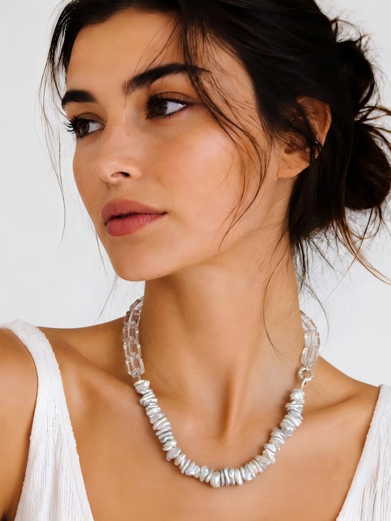 Convertible clear crystal and baroque pearl necklace