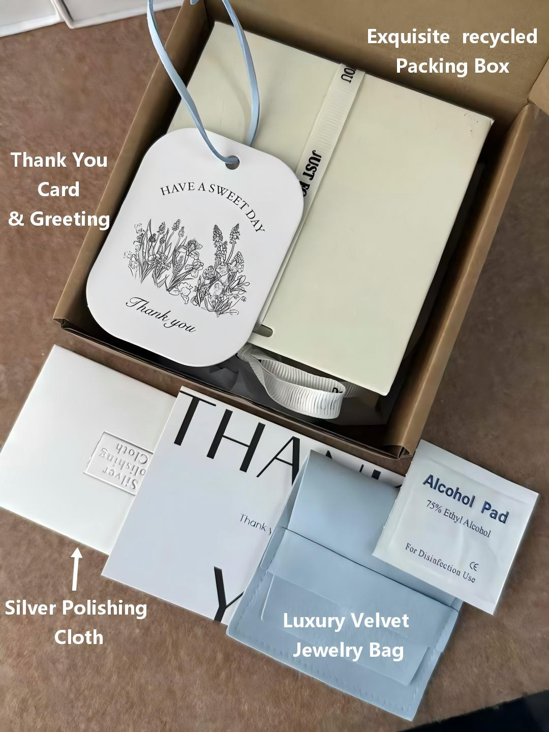 Alivy Jewels gift packaging: recycled box, velvet jewelry bag, silver polishing cloth and thank-you card