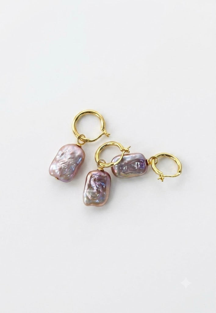 Iridescent purple rectangle pearl huggie earrings, 18k gold plated
